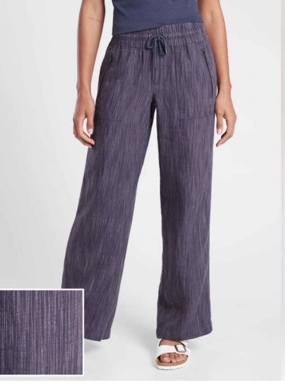 Athleta Navy with Purple Hue Cabo Wide Leg Linen Drawstring Pants Size S